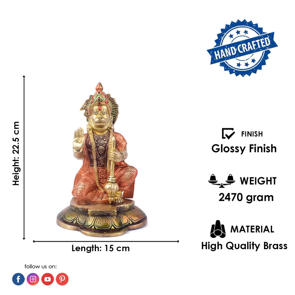 The "8.9 Inch Brass Hanuman Sculpture" is a beautifully crafted representation of Lord Hanuman, the revered deity of strength, devotion, and protection.