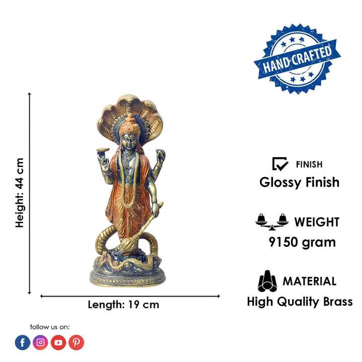  Bring divine protection and blessings into your home with this stunning 17-inch Brass Vishnu Standing with Sheshanag Idol. This intricately crafted statue features Lord Vishnu, the preserver of the universe, standing gracefully atop the Sheshanag (cosmic serpent). 