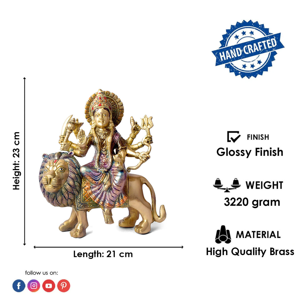 Embrace the powerful energy of Maa Durga with this 9-inch Brass 8-Armed Durga Idol, beautifully depicted riding her mighty lion. This meticulously crafted statue showcases Maa Durga in her most majestic form, symbolizing strength, courage, and divine protection.