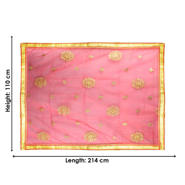 Sacred Mata Ki Chunri in red and gold, measuring 214 cm (84 inches) in length and 110 cm (43 inches) in height. This divine dupatta showcases an elegant design with golden floral circular motifs and small diamond-shaped patterns, representing spirituality and devotion. The shimmering fabric is enhanced with a rich golden border, making it perfect for pooja rituals, temple offerings, and festive celebrations.

Shop Matarani Ki Chunri, Mata Ki Chunni Online, and Big Size Chunni Online at Satvik Store. Get hig