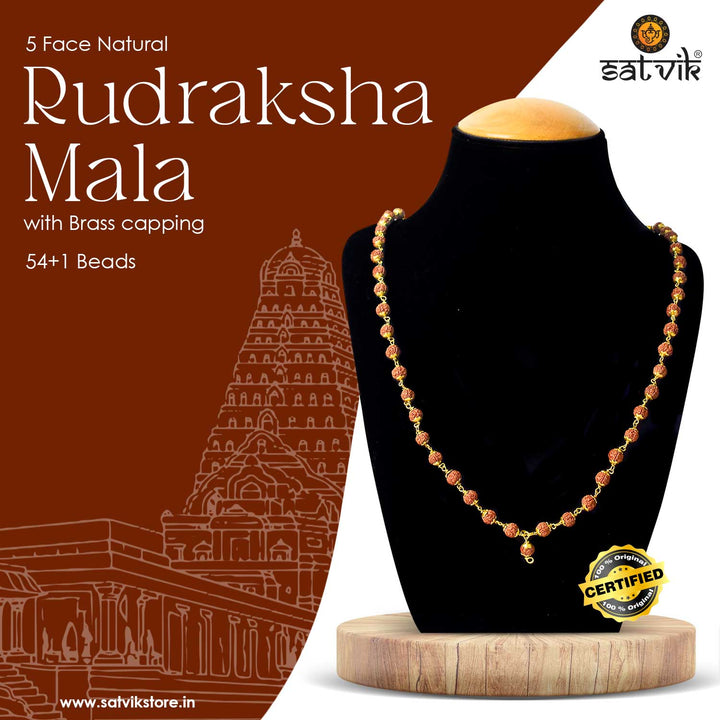 Certified 5 Face Rudraksha Mala with Brass Capping – Spiritual Brown Beads for Peace and Wisdom. India’s Premium Rudraksha Jap Mala Store- www.satvikstore .in


