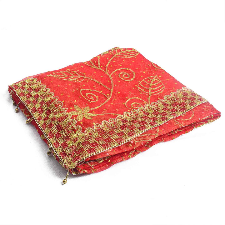 Handcrafted Mata Ki Chunri in red and gold, measuring 214 cm (84 inches) in length and 104 cm (41 inches) in height. This divine dupatta features an intricate golden floral vine pattern with delicate leaves and star-shaped motifs, symbolizing prosperity and devotion. The shimmering fabric is complemented by a richly designed golden border, enhancing its elegance. Ideal for pooja rituals, temple offerings, and festive celebrations.

Shop Matarani Ki Chunri, Mata Ki Chunni Online, and Big Size Chunni Online 