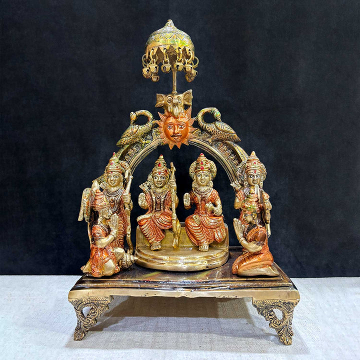 Enhance your spiritual space with this beautifully crafted 13.5-inch Brass Ram Panchayat Idol. Featuring the revered figures of Lord Ram, Sita, Lakshman, and Hanuman, this idol beautifully represents the harmony, strength, and devotion of the Ramayan. 