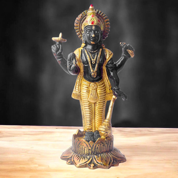 This elegant brass statue of Lord Vishnu seated on the mighty Seshnag is a powerful symbol of divine protection, balance, and cosmic order. The intricate craftsmanship beautifully depicts Lord Vishnu in his serene and majestic form, with the multi-headed Seshnag providing a protective canopy.