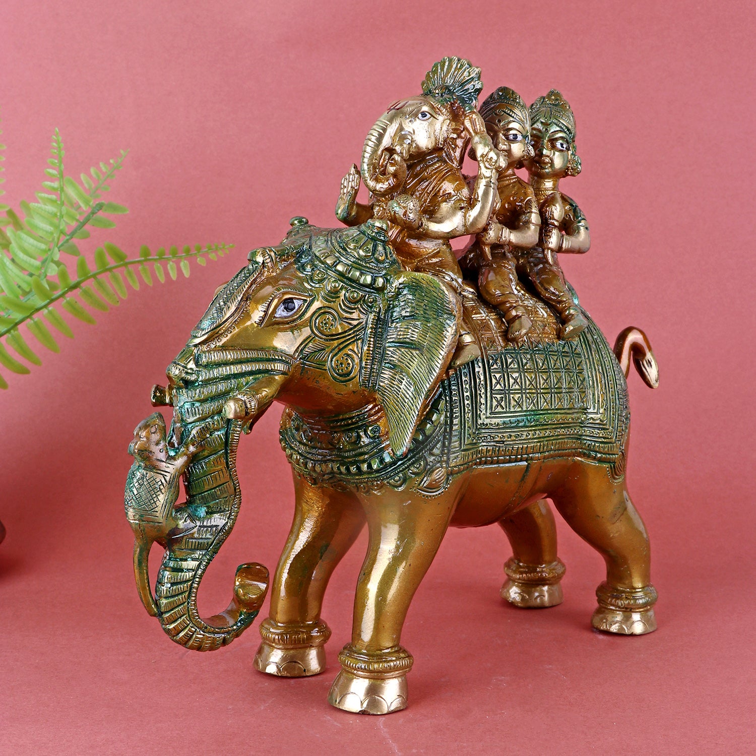 Brass Lord Ganesh Sitting On A Elephant Riding With Riddhi And